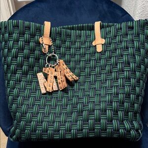 Consuela Black and Green Woven Tote with Tan Accents